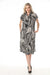 Woman wearing Moonstone and Black trapeze dress for brunch