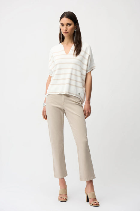 Woman wearing beige straight leg ankle-length jeans from Joseph Ribkoff