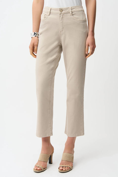 Woman wearing beige straight leg ankle-length jeans from Joseph Ribkoff