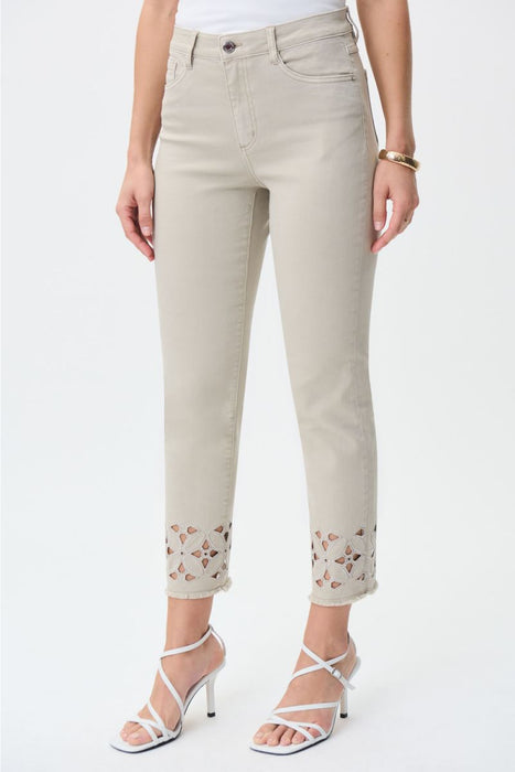 Joseph Ribkoff Style 231960 Moonstone Embellished Cutout Detail Frayed Cropped Jeans
