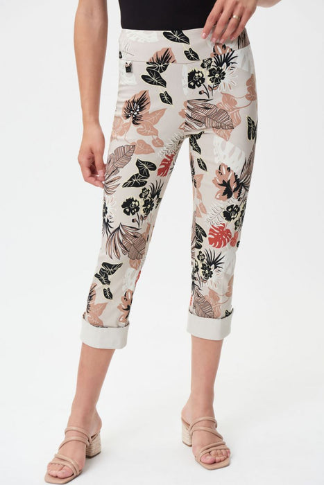 Joseph Ribkoff Style 232088 Moonstone/Multi Tropical Print Cuffed Capri Pants