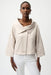 Woman wearing a beige textured jacket with leaf patterns and overlap collar from Joseph Ribkoff