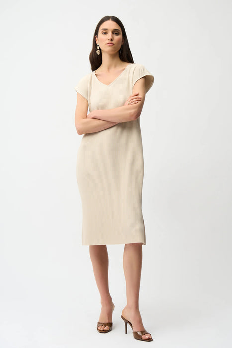 Woman wearing Joseph Ribkoff ribbed knit midi dress for summer outfit