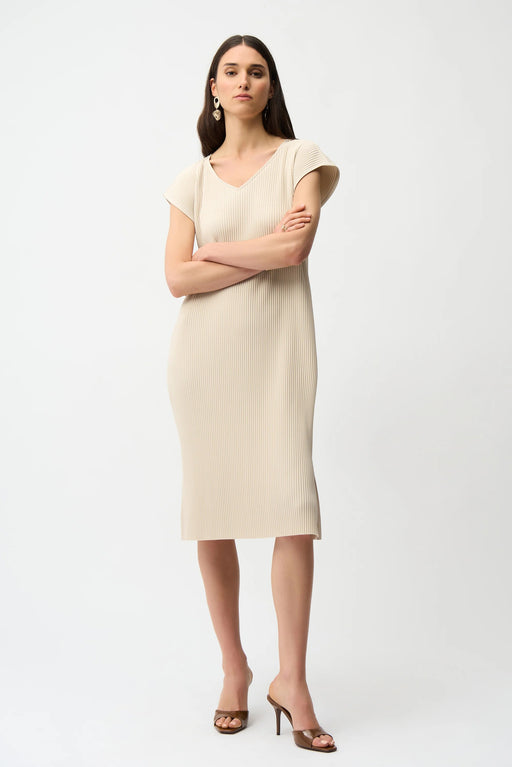 Woman wearing Joseph Ribkoff ribbed knit midi dress for summer outfit