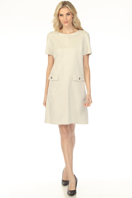 Woman wearing a cream-colored faux suede shift dress with round neck and short sleeves from Joseph Ribkoff
