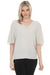 Woman wearing a gray lightweight top with v-neck and short flutter sleeves from Joseph Ribkoff