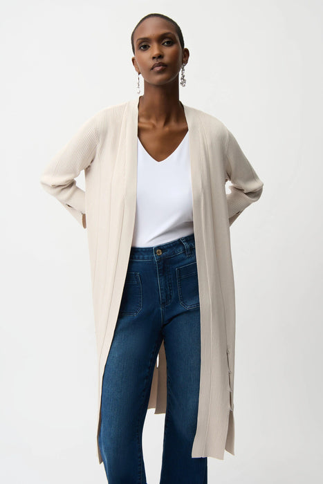 Woman wearing Joseph Ribkoff Moonstone Viscose Blend Long Open Cardigan with ribbed knit texture