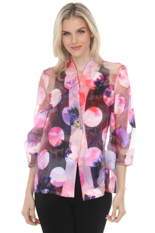 Woman wearing a colorful floral polka dot sheer jacket with 3/4 sleeves from Joseph Ribkoff
