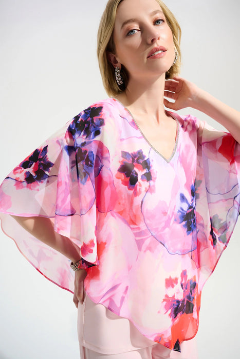 Joseph Ribkoff Multi/Petal Pink Floral Chiffon Overlay Poncho Top 261777