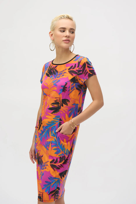 Joseph Ribkoff Multi Tropical Print Cap Sleeve T-Shirt Dress 252223
