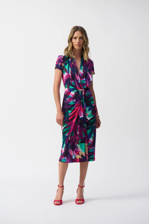 Joseph Ribkoff Style 251042 Multi Tropical Print Draped Front Midi Sheath Dress