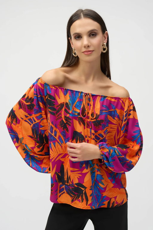 Joseph Ribkoff 252162 Multi Tropical Print Long Sleeves Off-Shoulder Top