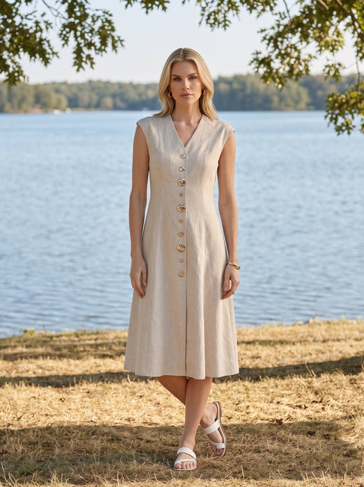 Joseph Ribkoff Natural Button Front V-Neck Midi A-Line Dress 262129