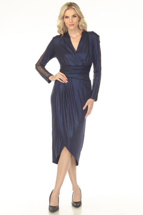 Woman wearing a navy shimmery midi dress with mesh insert sleeves and tulip hem from Joseph Ribkoff