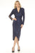 Woman wearing a navy shimmery midi dress with mesh insert sleeves and tulip hem from Joseph Ribkoff