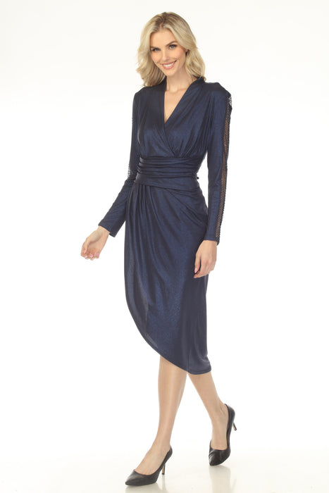 Joseph Ribkoff Navy Foiled Knit Mesh Insert Midi Dress 253742