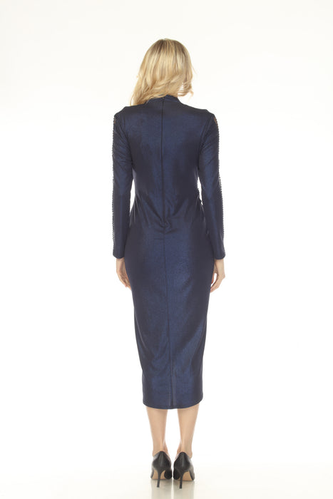 Joseph Ribkoff Navy Foiled Knit Mesh Insert Midi Dress 253742