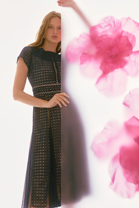 Joseph Ribkoff Navy/Nude Guipure Lace Midi Fit And Flare Dress 251718