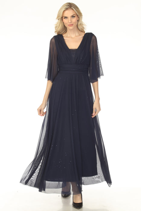 Woman wearing a navy blue evening gown with shimmery mesh fabric and v-neck from Joseph Ribkoff