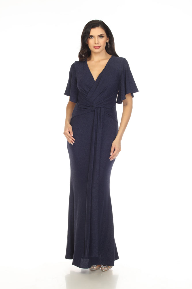 Joseph Ribkoff Style 231749 Navy Shimmery Wrap Front Flutter Sleeve Evening Dress