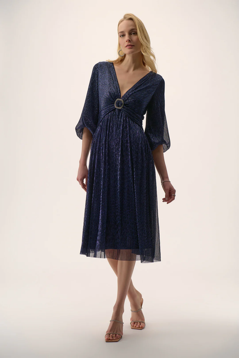 Joseph Ribkoff 254735 Navy Sparkle Mesh 3/4 Puff Sleeve Fit and Flare Dress