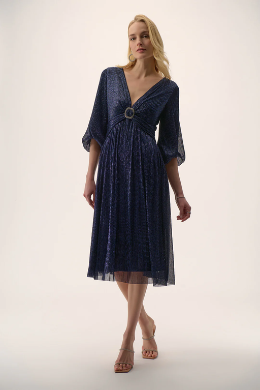 Joseph Ribkoff 254735 Navy Sparkle Mesh 3/4 Puff Sleeve Fit and Flare Dress