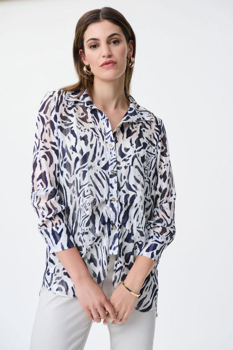 Joseph Ribkoff Style 231025 Navy/White Animal Print Button-Down Long Sleeve Top