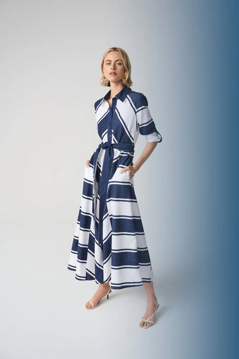 Joseph Ribkoff 261936 Navy/White Stripe Print Belted Fit & Flare Shirt Dress
