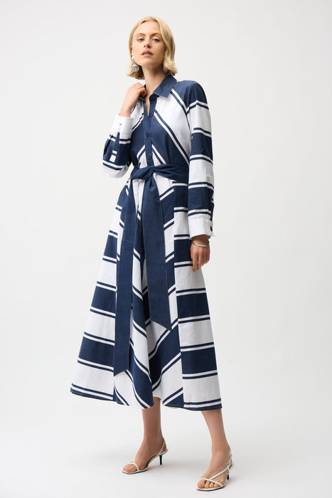 Joseph Ribkoff Navy/White Striped Belted Midi Fit and Flare Dress 261936