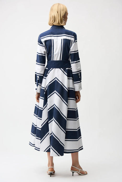 Joseph Ribkoff Navy/White Striped Belted Midi Fit and Flare Dress 261936