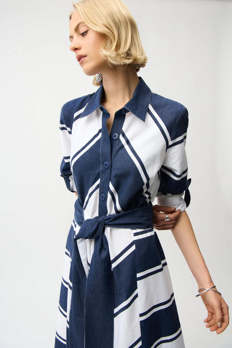 Joseph Ribkoff Navy/White Striped Belted Midi Fit and Flare Dress 261936