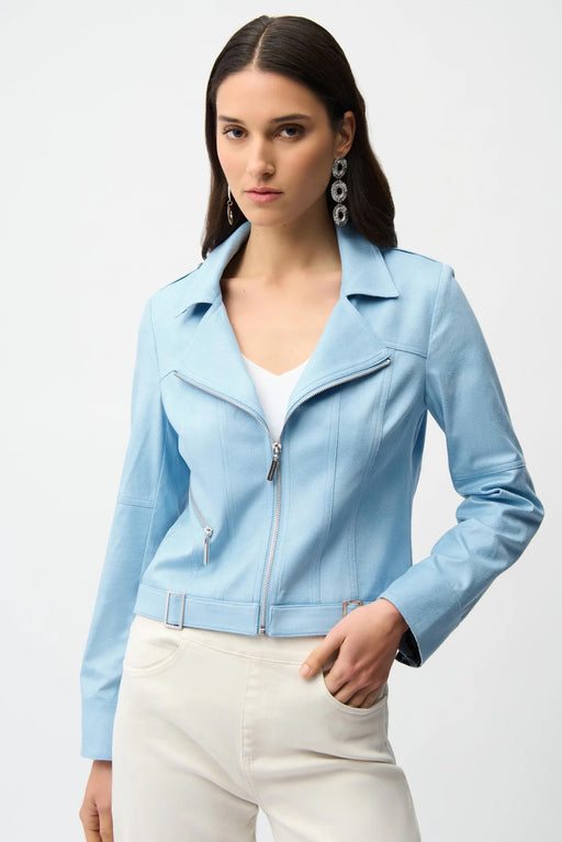 Joseph Ribkoff 261910 Sky Blue Notched Collar Zipped Front Long Sleeves Moto Jacket