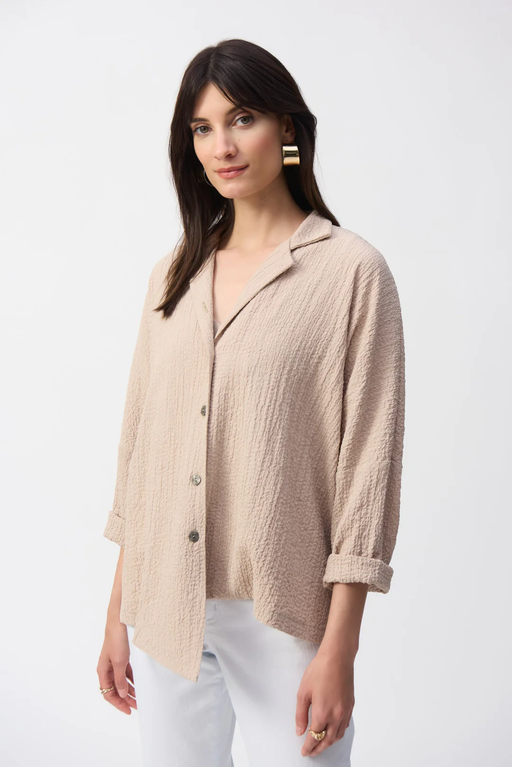 Joseph Ribkoff 251058 Parchment Notched Collared Textured Woven Asymmetrical Jacket