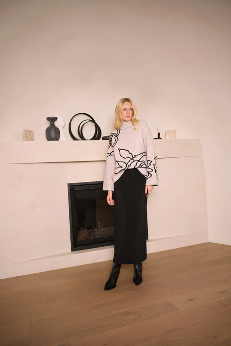 Joseph Ribkoff Oatmeal Melange/Black Floral Pullover Sweater 254943