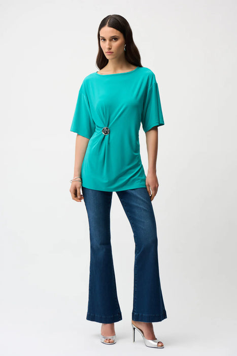 Joseph Ribkoff Oceanic Brooch Fit and Flare Boat Neck Tunic Top 261029