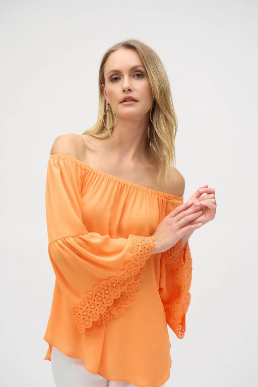 Joseph Ribkoff 252086 Apricot Off-Shoulder Georgette Flared Top