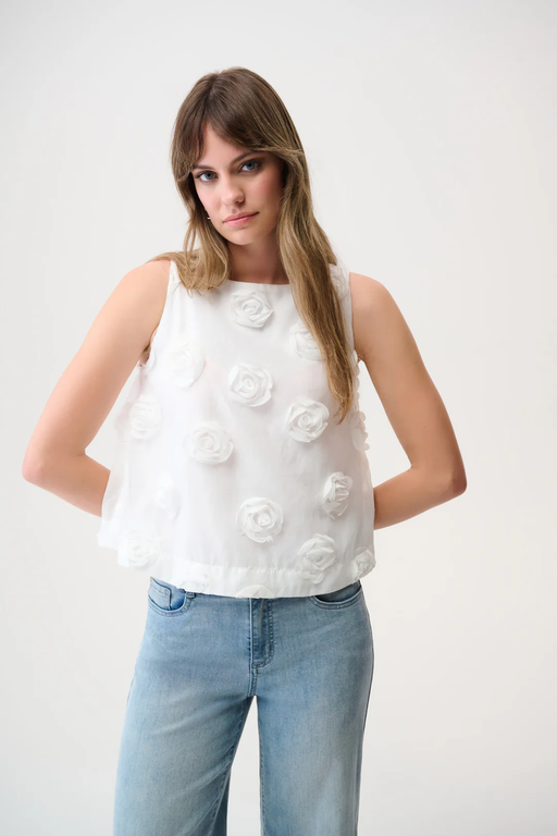 Joseph Ribkoff 261220 Off-White 3D Floral Embroidered Boat Neck Sleeveless Top