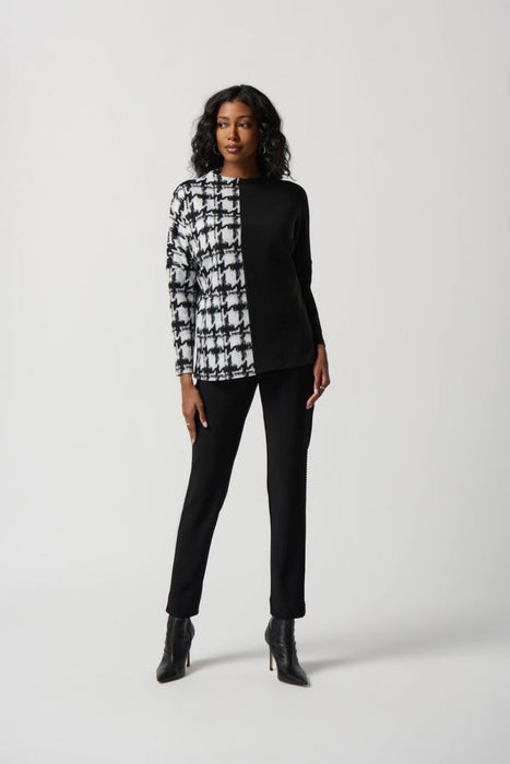 Joseph Ribkoff Off-White/Black Houndstooth Color Block Long Sleeve Top 234137