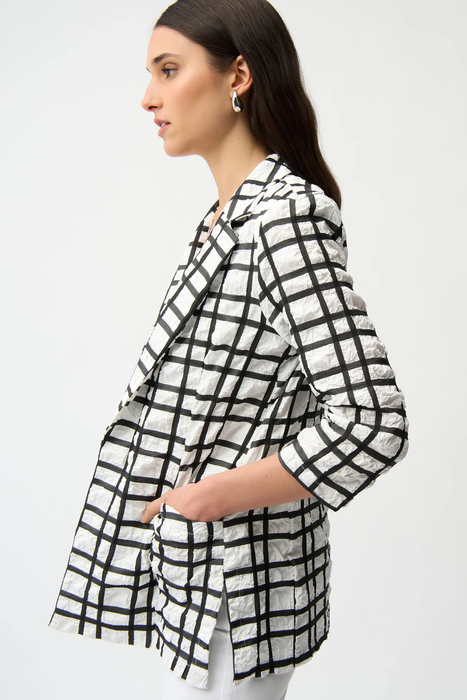 Joseph Ribkoff Off-White/Black Notched Collar Plaid Print Boxy Blazer 261268