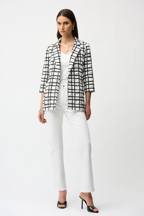 Joseph Ribkoff Off-White/Black Notched Collar Plaid Print Boxy Blazer 261268
