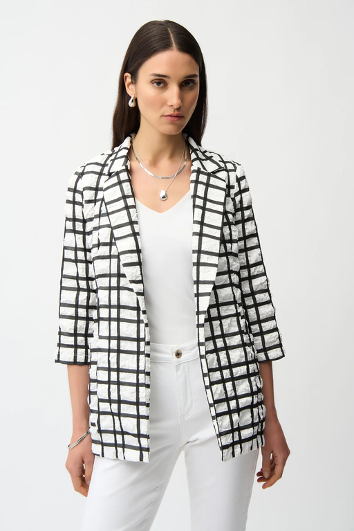 Joseph Ribkoff 261268 Off-White/Black Notched Collar Plaid Print Boxy Blazer