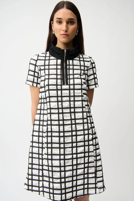 Joseph Ribkoff Off-White/Black Plaid Mini A-Line Dress 261307