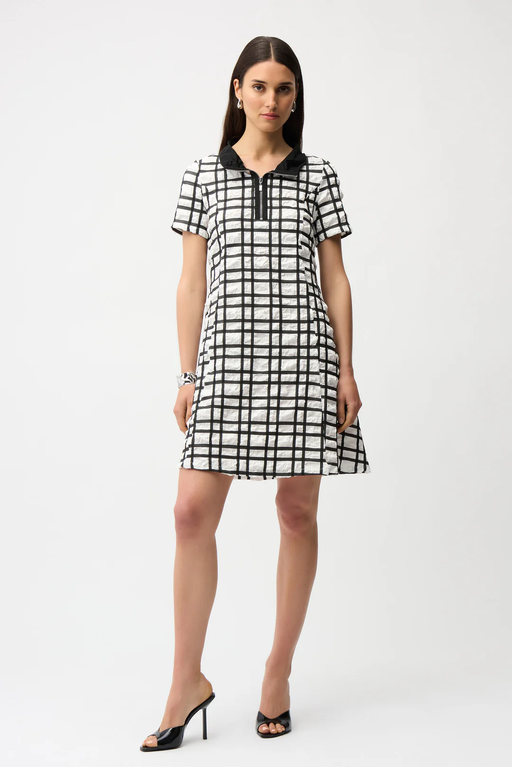 Joseph Ribkoff 261307 Off-White/Black Plaid Print Funnel Collared A-Line Dress
