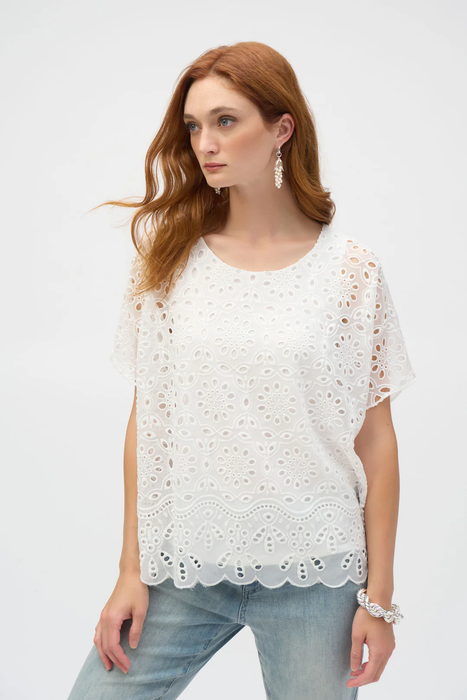 Joseph Ribkoff 252069 Off-White Embroidered Georgette Boxy Top