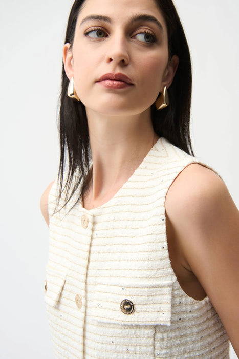Joseph Ribkoff Off-White/Gold Striped Fitted Bouclé Vest 261113