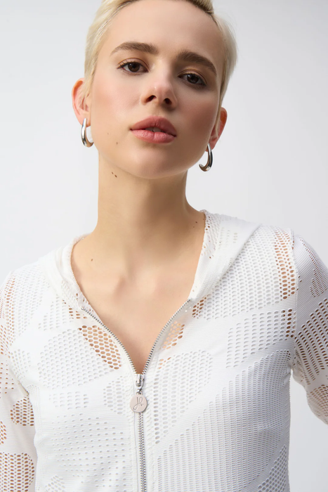 Joseph Ribkoff Off-White Hooded Zip Front Novelty Mesh Jacket 251215