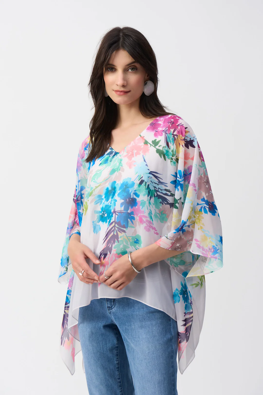 Joseph Ribkoff Off-White/Multi Chiffon Floral Print Poncho Top