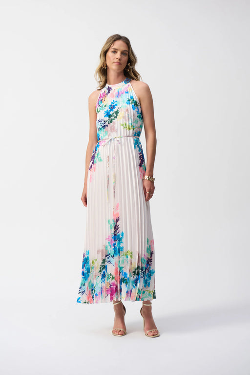 Joseph Ribkoff Style 251904 Off-White/Multi Floral Pleated Satin Maxi Dress