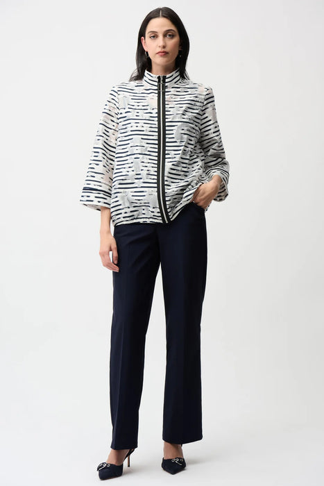 Joseph Ribkoff Off-White/Navy Organza Stripe Zip Up Jacket 261094