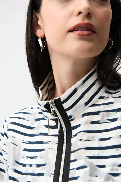 Joseph Ribkoff Off-White/Navy Organza Stripe Zip Up Jacket 261094